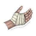 First Aid for hand broken.Hand bandage.Hand illustration vintage