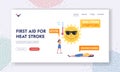 First Aid for Heat Stroke Landing Page Template. Female Characters Suffer of Sun Heat with Strong Heartbeat or Red Skin