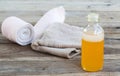 First aid with herbal oil medication liniment and bandage health care pains and aches for athlete