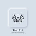 First aid icon. Hands holding heart with cross. Medical pharmacy logo. Vector. Neumorphic UI UX white user interface web button. Royalty Free Stock Photo