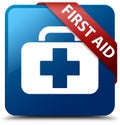 First aid blue square button red ribbon in corner Royalty Free Stock Photo