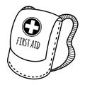 First aid kit backpack for travel and hiking. Hand-drawn vector doodle isolated on white background. Cloth bag with straps for Royalty Free Stock Photo