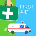 First aid kit bag carried in hand, green cross and ambulance car Royalty Free Stock Photo