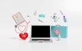 First aid kit bag with laptop computer, check list, stethoscope, syringe, red heart isolated on white background. health love or Royalty Free Stock Photo