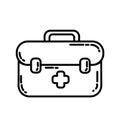 First aid kit box flat line icon. Medicine chest with white cross camping or hiking healthcare element vector stock isolated image Royalty Free Stock Photo