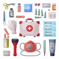 First Aid Kit Box with Medical Equipment and Medications for Emergency Service, Flashlight, Gloves, Thermometer, Plaster Royalty Free Stock Photo