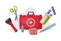 First Aid Kit Box with Medical Equipment and Medications, Urgency and Emergency Service, Healthcare and Diagnostic Flat