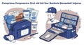 First aid kit designed for baseball injuries featuring various items like cold packs, Royalty Free Stock Photo