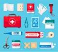 First aid kit flat icons set. Bandage adhesive plaster painkiller antipyretic pills thermometer