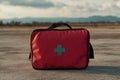 First aid kit on the ground in the airport at sunset time. Royalty Free Stock Photo