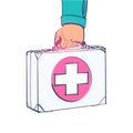 First aid kit in hands doctor. Medical background. Vector in sketch design