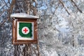 First aid kit hanging on tree trunk in snow covered forest Royalty Free Stock Photo