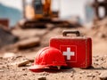 First aid kit and helmet on a construction site or outdoor environment Royalty Free Stock Photo