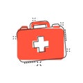 First aid kit icon in comic style. Health, help and medical diagnostics vector cartoon illustration on white isolated background.