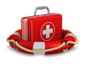First aid kit and life ring on white background. Isolated 3D illustration Royalty Free Stock Photo