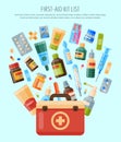 First aid kit list banner, poster vector illustration. Medicine, pharmacy store, hospital set of drugs with labels Royalty Free Stock Photo