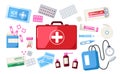 First aid kit. Medical emergency bag with medicine and tools, doctor pharmacy red chest bandage plaster syringe pill, urgency Royalty Free Stock Photo