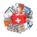 First aid kit with medical supplies and equipment, pills, drugs and fstethoscope. Health care, pharmacy and medicine concept Royalty Free Stock Photo