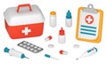 A first aid kit with medical supplies. Set of medical items, thermometer, syringe, pipette, tablets. 3D vector Royalty Free Stock Photo