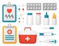 A first aid kit with medical supplies. Set of medical items, thermometer, syringe, pipette, tablets. 3D vector Royalty Free Stock Photo