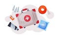 First Aid Kit with Medications and Emergency Equipment Set, Urgency Medical Service Supplies Flat Vector Illustration Royalty Free Stock Photo