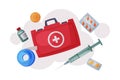 First Aid Kit with Medications and Emergency Equipment Set, Urgency Service Supplies for Health Treatment Flat Vector Royalty Free Stock Photo