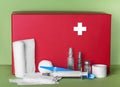 First aid kit with medicines and medical bandages