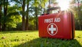 First aid kit outdoors in sunlight, emergency preparedness Royalty Free Stock Photo
