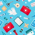 First aid kit pattern, emergency set with medical supplies Royalty Free Stock Photo