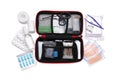 First aid kit, scissors, pins, cotton buds, pills, plastic forceps, hand sanitizer, plasters and elastic bandage isolated