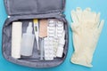 First aid kit with a set of medicines and tablets for first aid and illness. Necessary and important tablets at home and Royalty Free Stock Photo