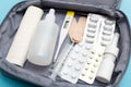 First aid kit with a set of medicines and tablets for first aid and illness. Necessary and important tablets at home and Royalty Free Stock Photo