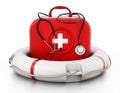 First aid kit standing on life saver. 3D illustration