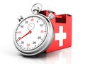 First aid kit with stopwatch on white background