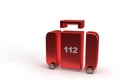 First aid kit suitcase on wheels with 112 emergency number as car on isolated background
