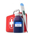 First aid kit, vaccine and thermometer on white background. Isolated 3D illustration Royalty Free Stock Photo