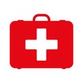 First aid kit. White first aid kit isolated on blue background. Health, help and medical diagnostics concept. Flat design.