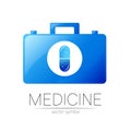 First Aid Logo Vector Medicine Symbol with Help Bag Case and Capsule Pill for Health Care Icon for Hospital