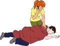 First aid - man unconscious, woman call mobile for help Royalty Free Stock Photo