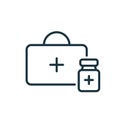 First Aid or Medical Kit icon. Medical Box line icon. First Aid Bag with Bottle of Vaccine. Vaccine Against coronavirus Royalty Free Stock Photo