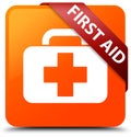 First aid orange square button red ribbon in corner Royalty Free Stock Photo