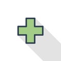 First aid, pharmacy, medical cross thin line flat color icon. Linear vector symbol. Colorful long shadow design.