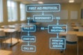 First aid protocol decision flowchart illustrated over blurred classroom setting teaching emergency response procedures Royalty Free Stock Photo