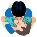 First Aid resuscitation CPR, clearing breathing, mouth-to-mouth, caucasian