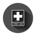 First aid sign icon in flat style. Health, help and medical vector illustration on black round background with long shadow. Royalty Free Stock Photo