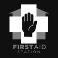 First aid station cross and human hand house building Royalty Free Stock Photo