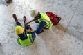 First aid support accident at work of construction worker at site Royalty Free Stock Photo