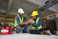 First aid support accident at work of construction worker at site Royalty Free Stock Photo