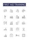 First aid training line vector icons and signs. training, CPR, treatments, healing, life-saving, resuscitation, wounds