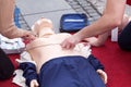 First aid training using automated external defibrillator device Royalty Free Stock Photo